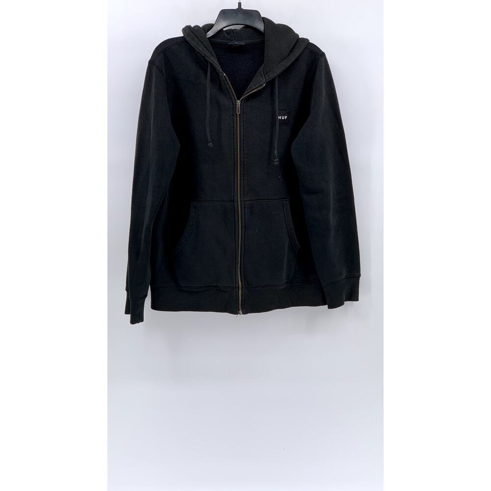 HUF Men's Black Patch Logo Zip-Up Hooded Long Sleeve Sweater SZ S